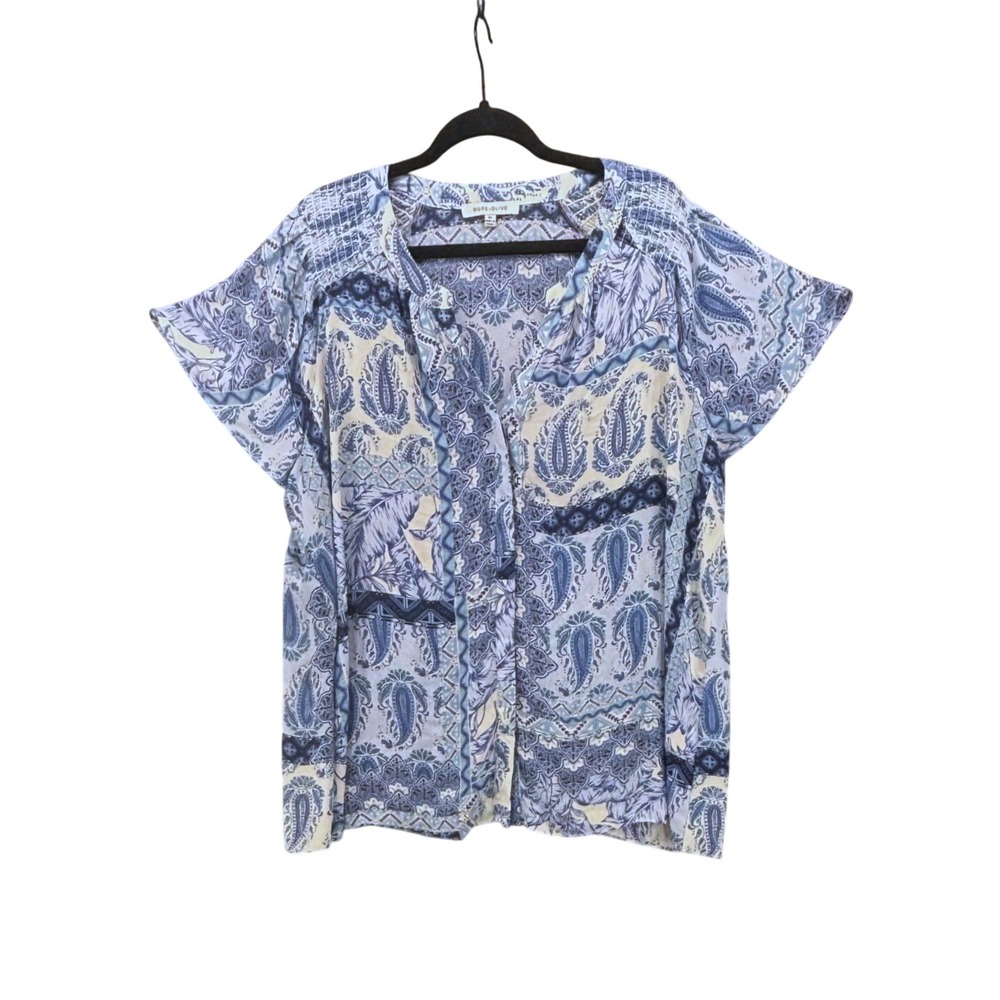 Rose + Olive Womens Crepe Top Size 2x Paisley Art To Wear Mediteraniean Motiff